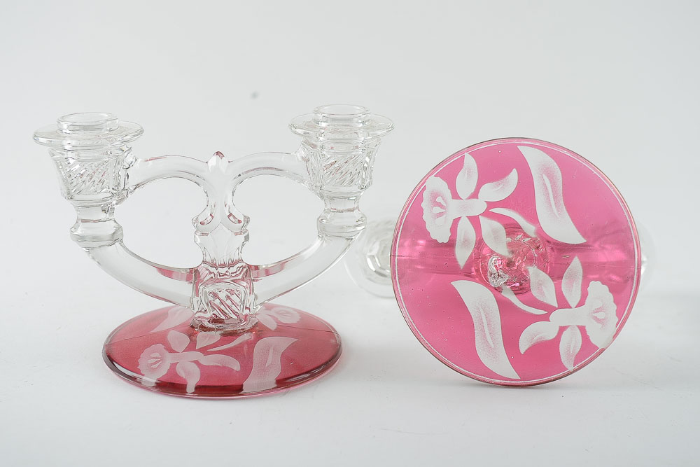 Vintage Sandwich Plate and Matching Candlesticks