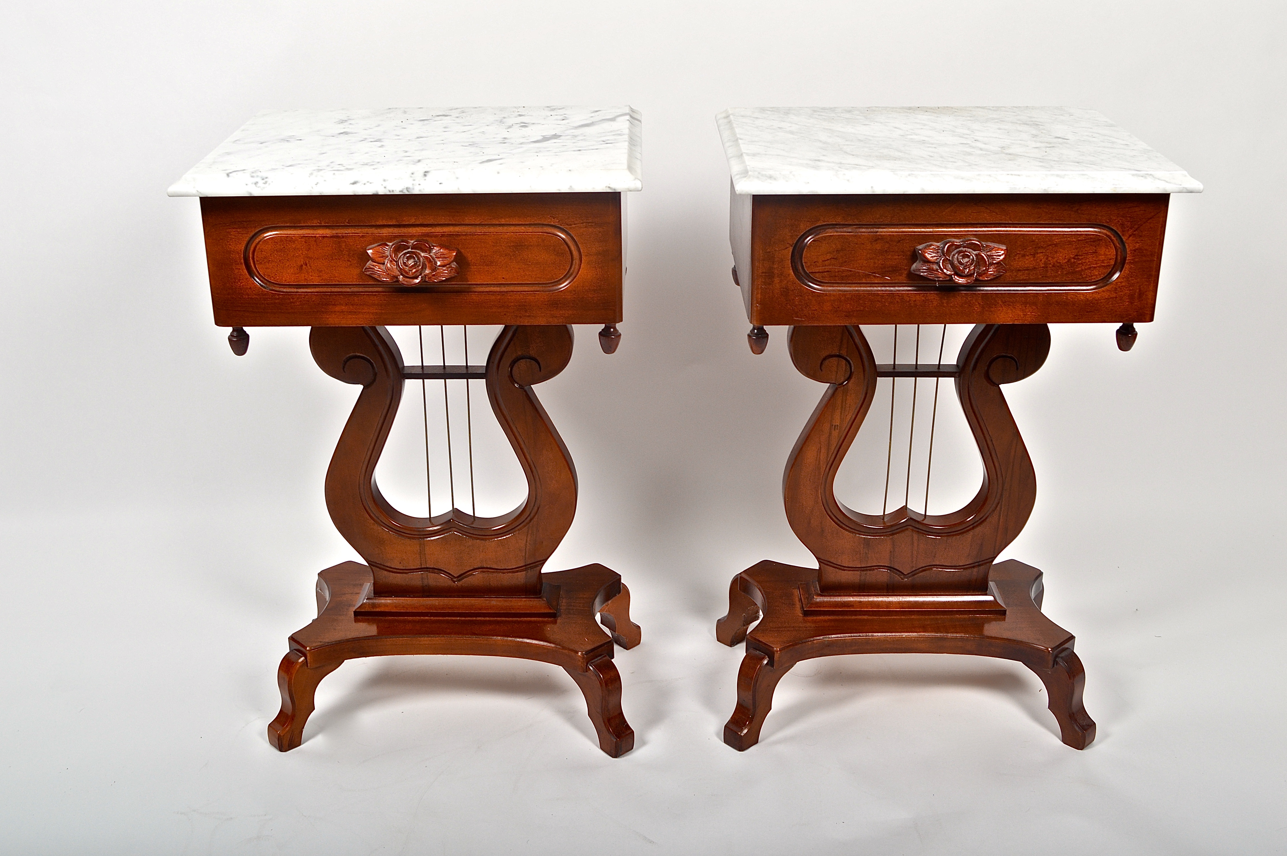 Vintage Cherry, Lyre-Base, Marble Top Tables