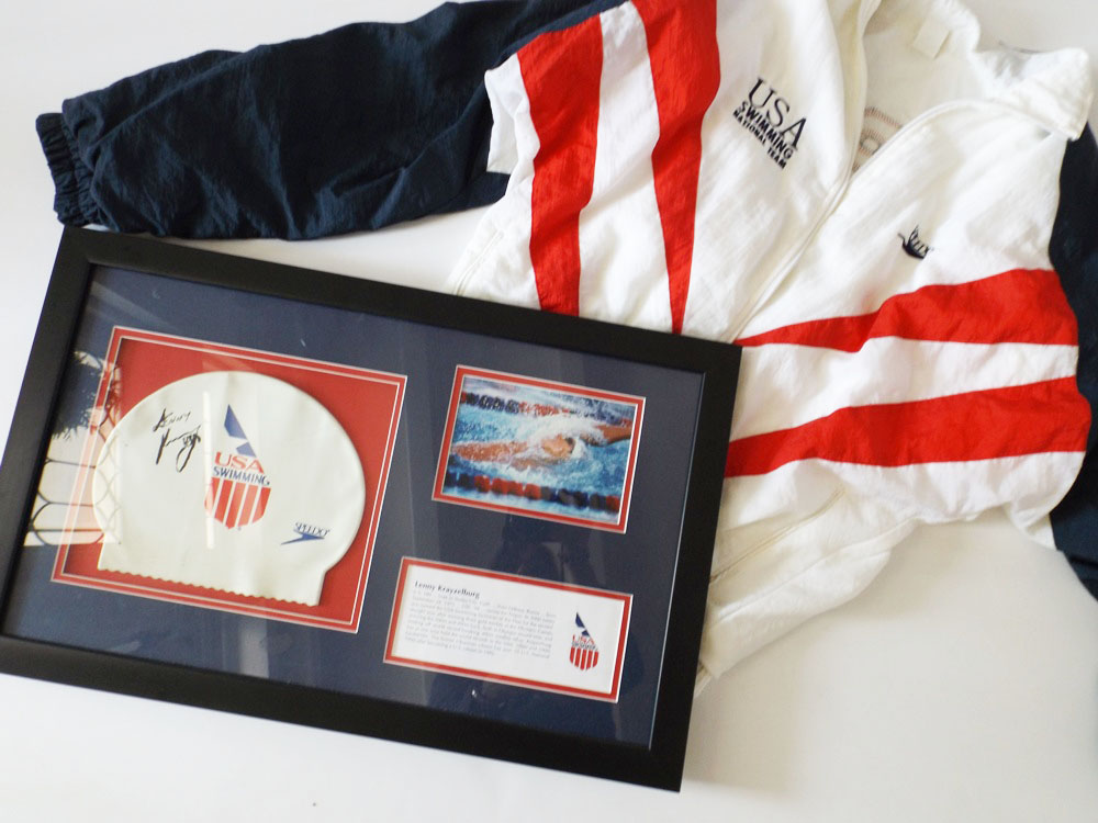 USA National Swim Team Jacket and Signed and Framed USA Swim Cap