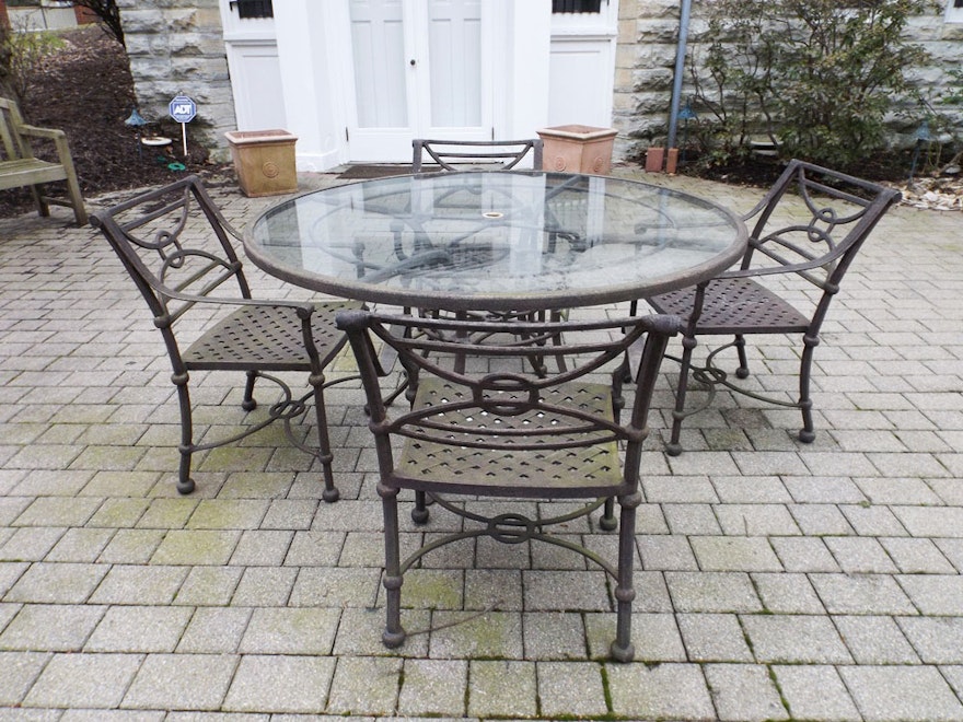 Classic Outdoor Iron and Glass Dining Table with Four Iron Chairs