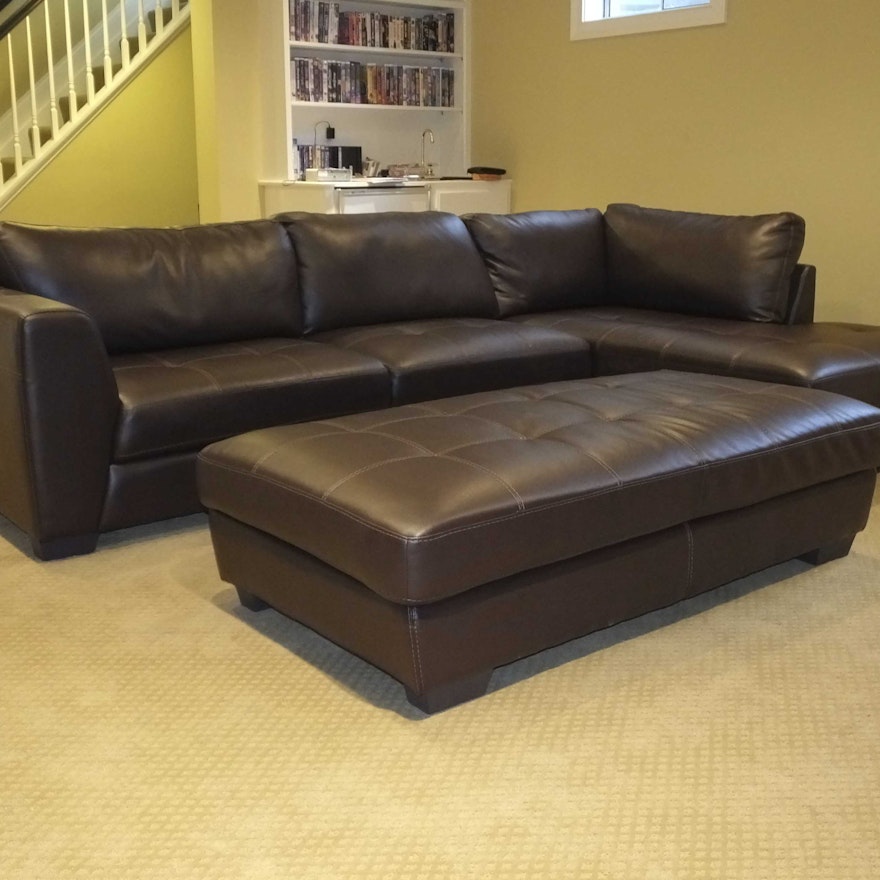 Brown Leather Sectional Sofa and Ottoman