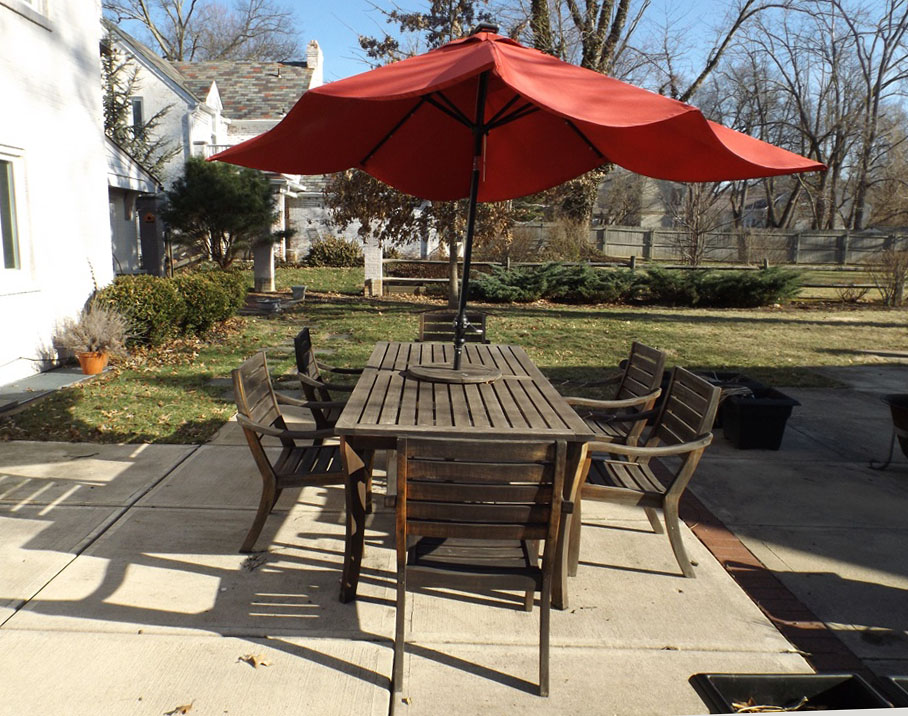 Crate & Barrel Outdoor Teak Table and Chair Set with Umbrella