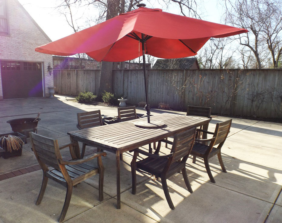 Crate & Barrel Outdoor Teak Table and Chair Set with Umbrella