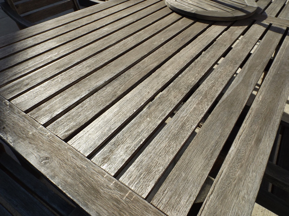 Crate & Barrel Outdoor Teak Table and Chair Set with Umbrella
