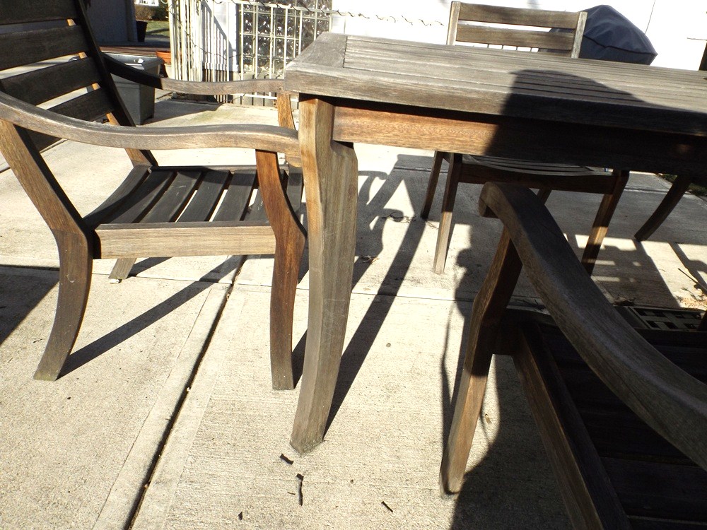 Crate & Barrel Outdoor Teak Table and Chair Set with Umbrella