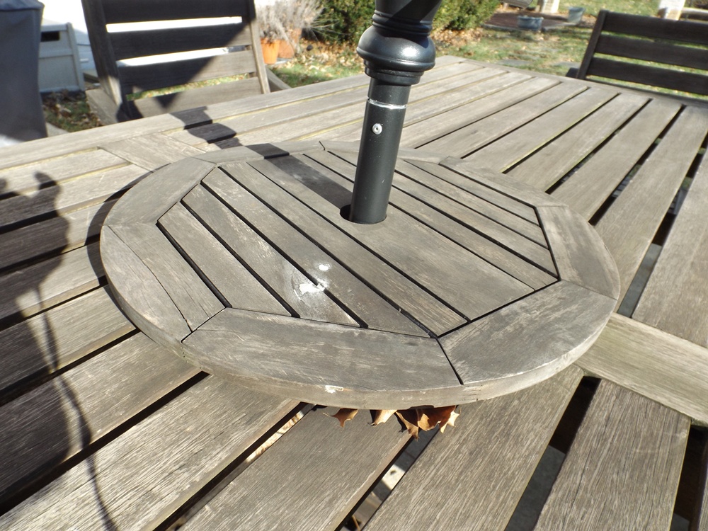 Crate & Barrel Outdoor Teak Table and Chair Set with Umbrella