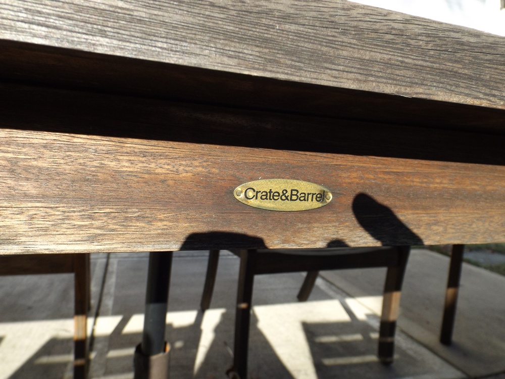 Crate & Barrel Outdoor Teak Table and Chair Set with Umbrella