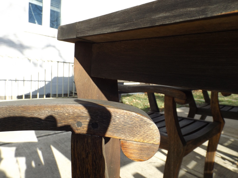 Crate & Barrel Outdoor Teak Table and Chair Set with Umbrella