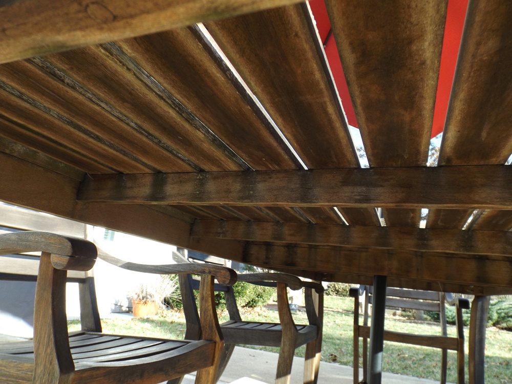 Crate & Barrel Outdoor Teak Table and Chair Set with Umbrella