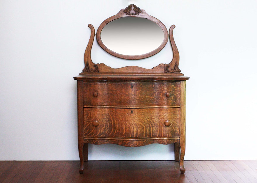 Antique Quarter Sawn Oak Dresser with Oval Mirror
