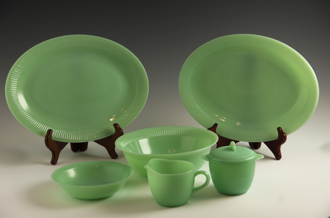 Fire King Jadeite "Jane Ray" Creamer, Sugar, and Serving Platters EBTH