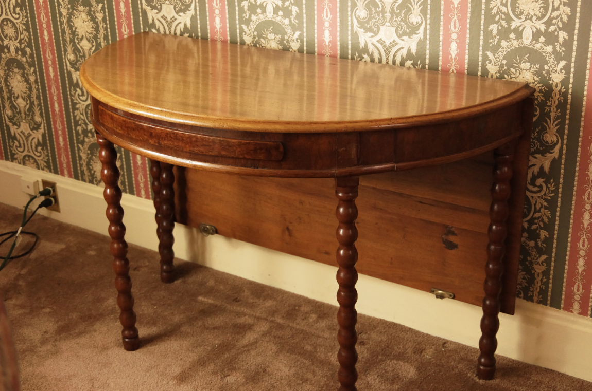 Two Bobbin-Leg Demilune Drop Leaf Tables Creating Larger Table