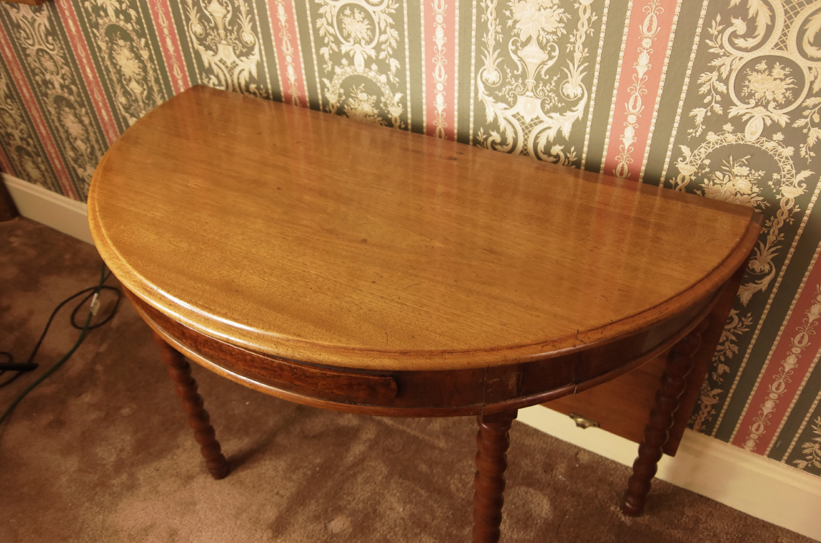 Two Bobbin-Leg Demilune Drop Leaf Tables Creating Larger Table