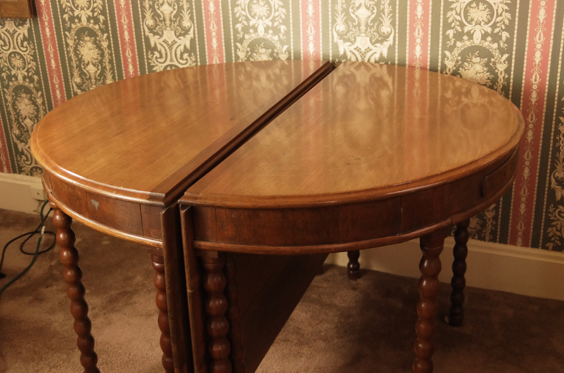 Two Bobbin-Leg Demilune Drop Leaf Tables Creating Larger Table