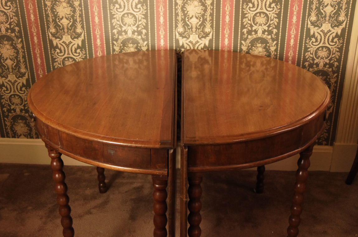 Two Bobbin-Leg Demilune Drop Leaf Tables Creating Larger Table