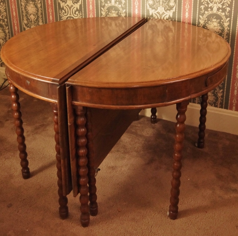Two Bobbin-Leg Demilune Drop Leaf Tables Creating Larger Table