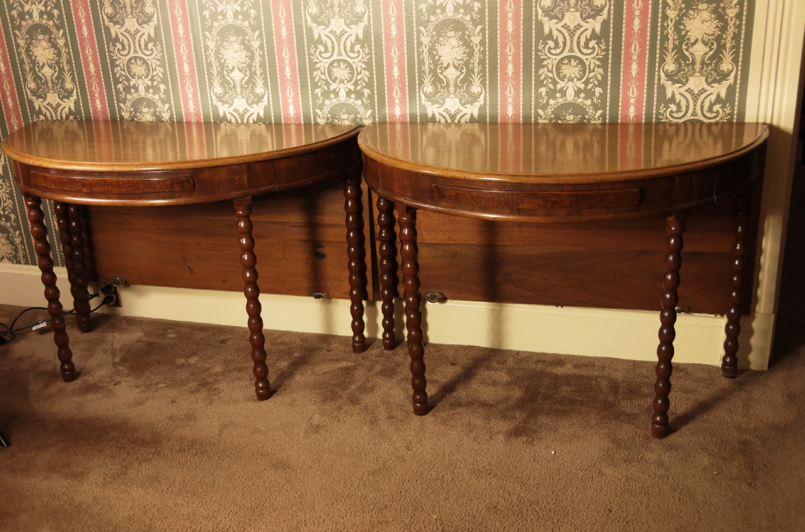 Two Bobbin-Leg Demilune Drop Leaf Tables Creating Larger Table