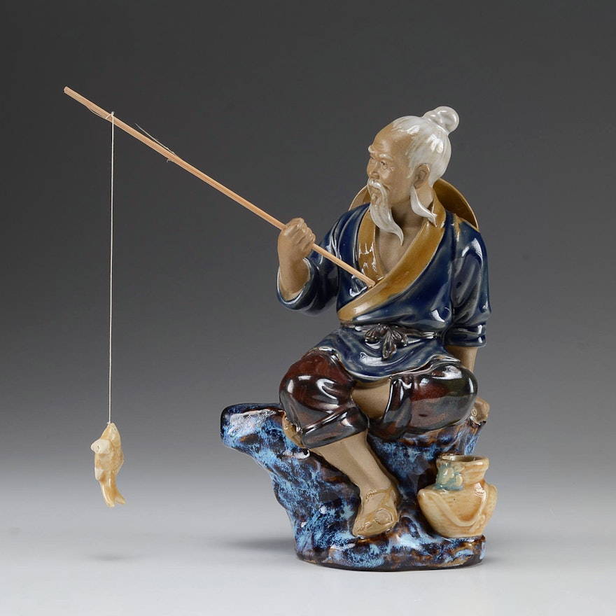 Chinese Shiwan Mudman Fisherman Ceramic Figurine