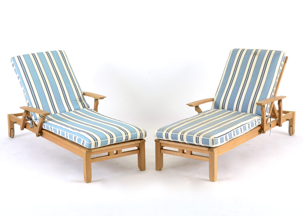 Pair of Teak Wood Poolside Chaise Lounges