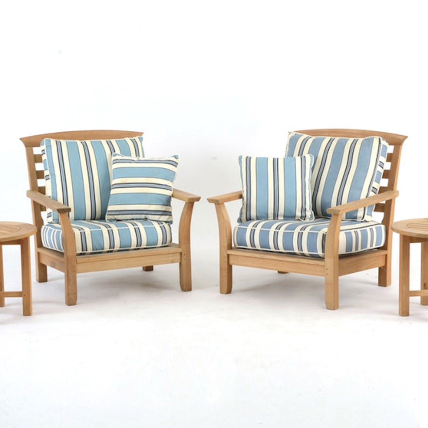 Two Teak Wood Club Chairs And End Tables