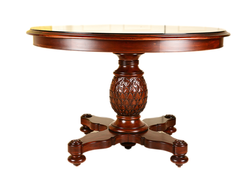 Glass Top Mahogany Veneer Ethan Allen Round Entry Table