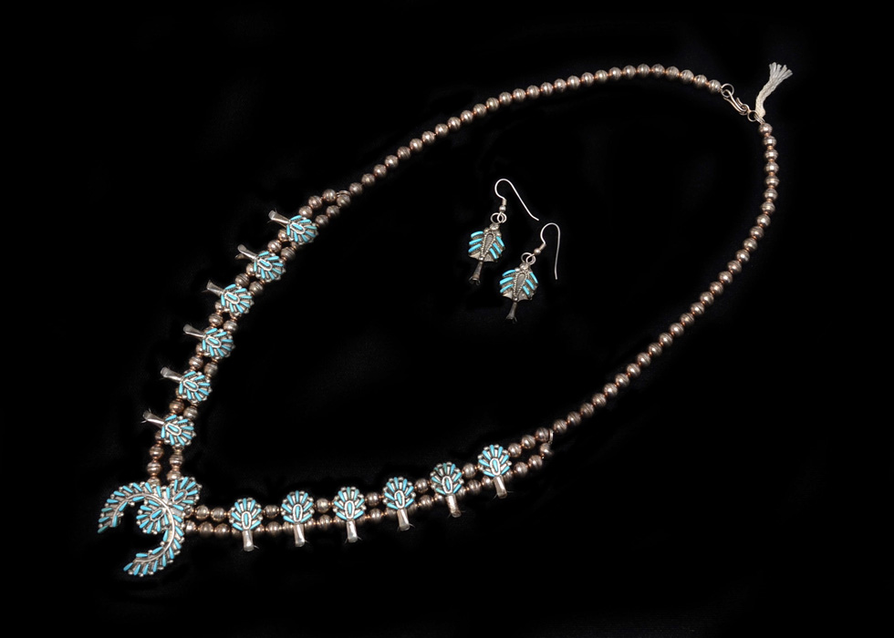 G. Acque Zuni Turquoise Squash Blossom Necklace and Earrings | Everything  But The House