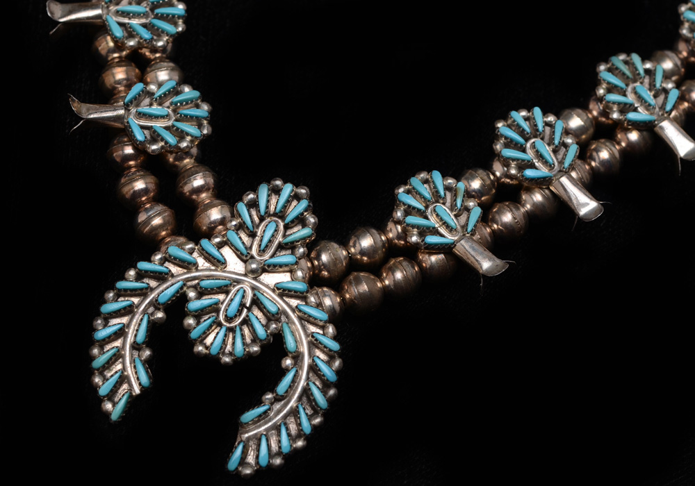 G. Acque Zuni Turquoise Squash Blossom Necklace and Earrings