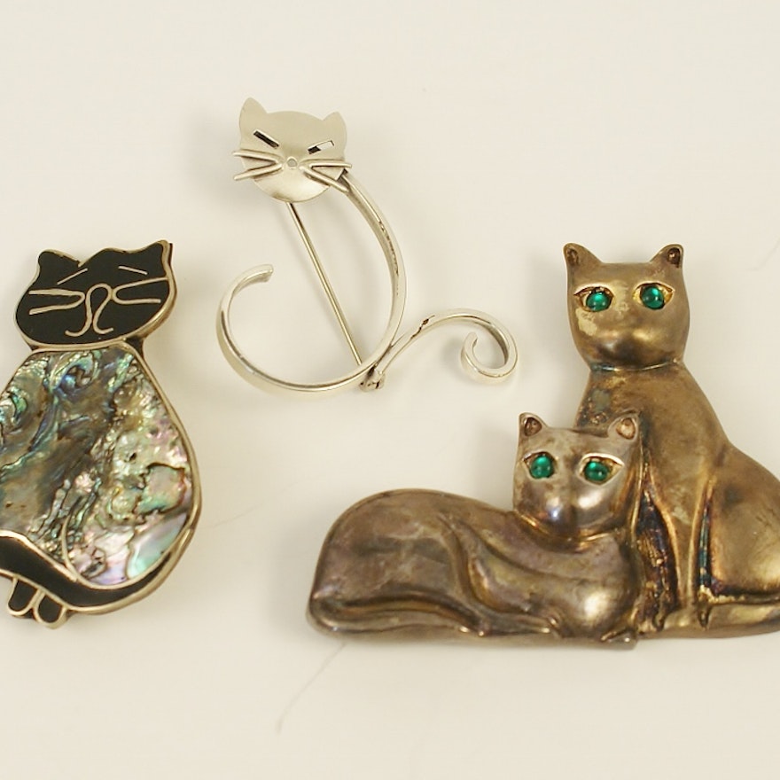 Group of Three Sterling Silver Cat Brooches