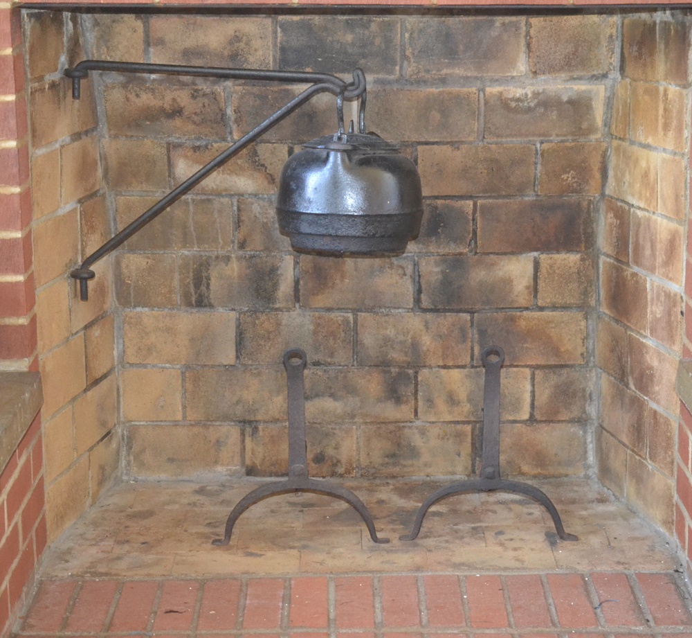 Antique Cast Iron Hearth Crane, Kettle and Andirons