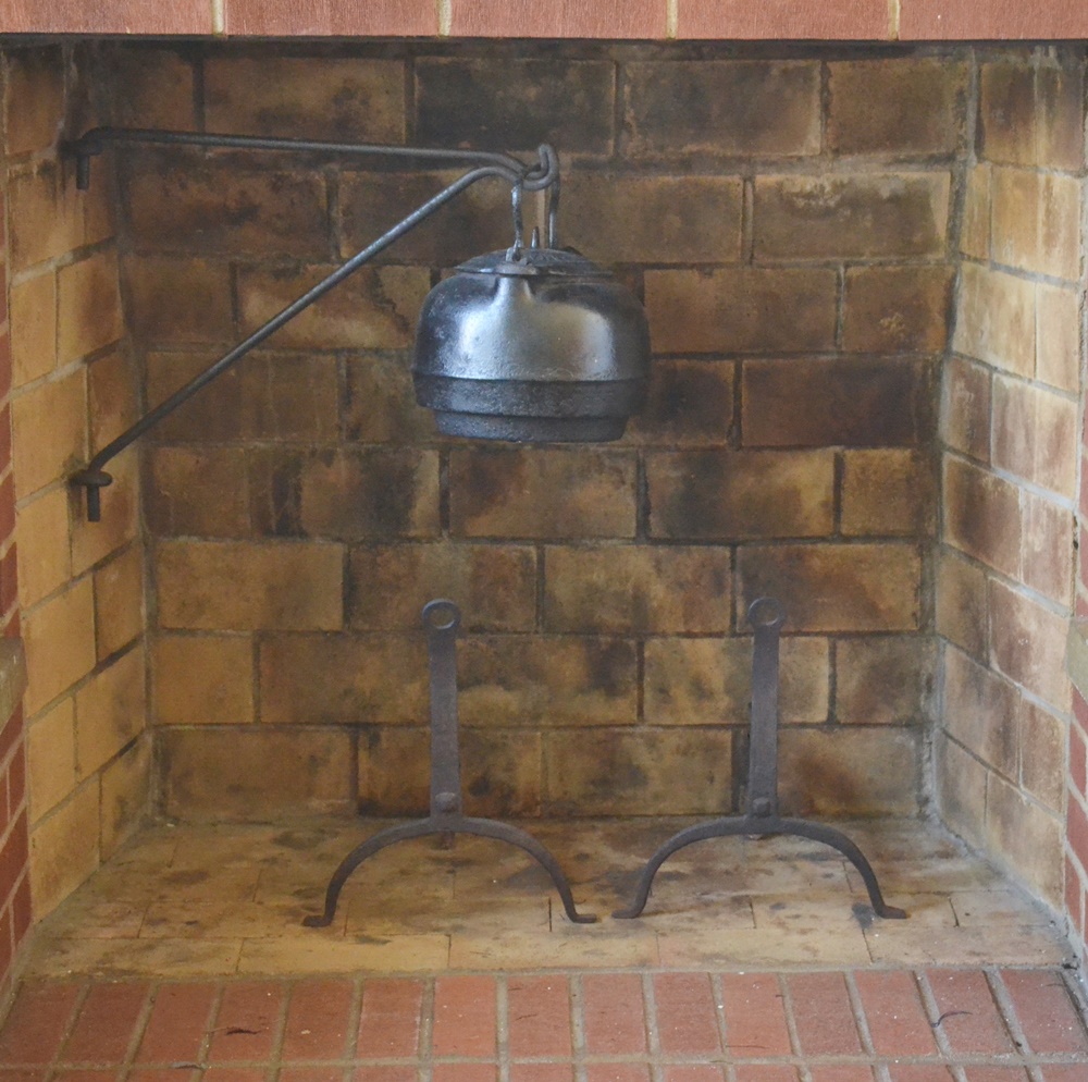 Antique Cast Iron Hearth Crane, Kettle and Andirons