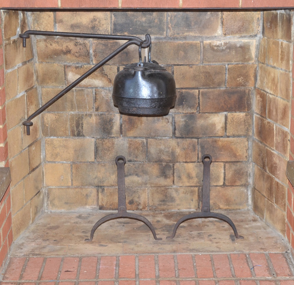 Antique Cast Iron Hearth Crane, Kettle and Andirons