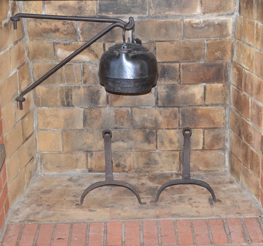 Antique Cast Iron Hearth Crane, Kettle and Andirons