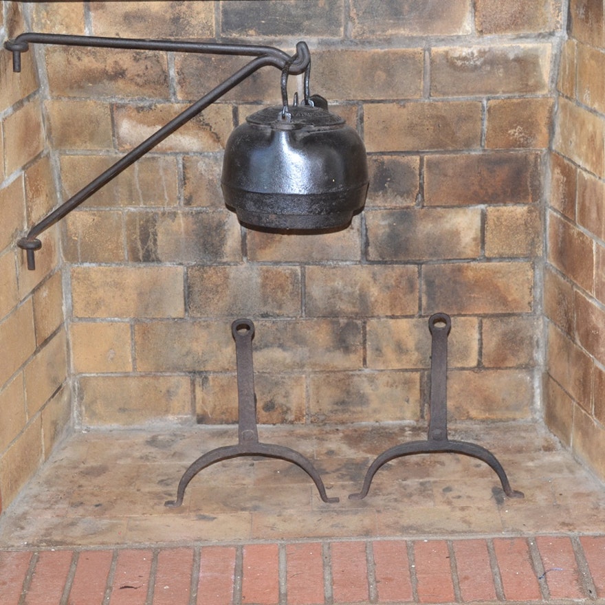 Antique Cast Iron Hearth Crane, Kettle and Andirons