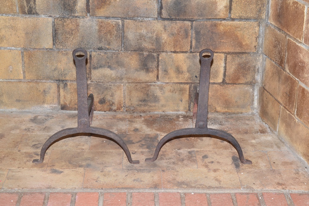 Antique Cast Iron Hearth Crane, Kettle and Andirons
