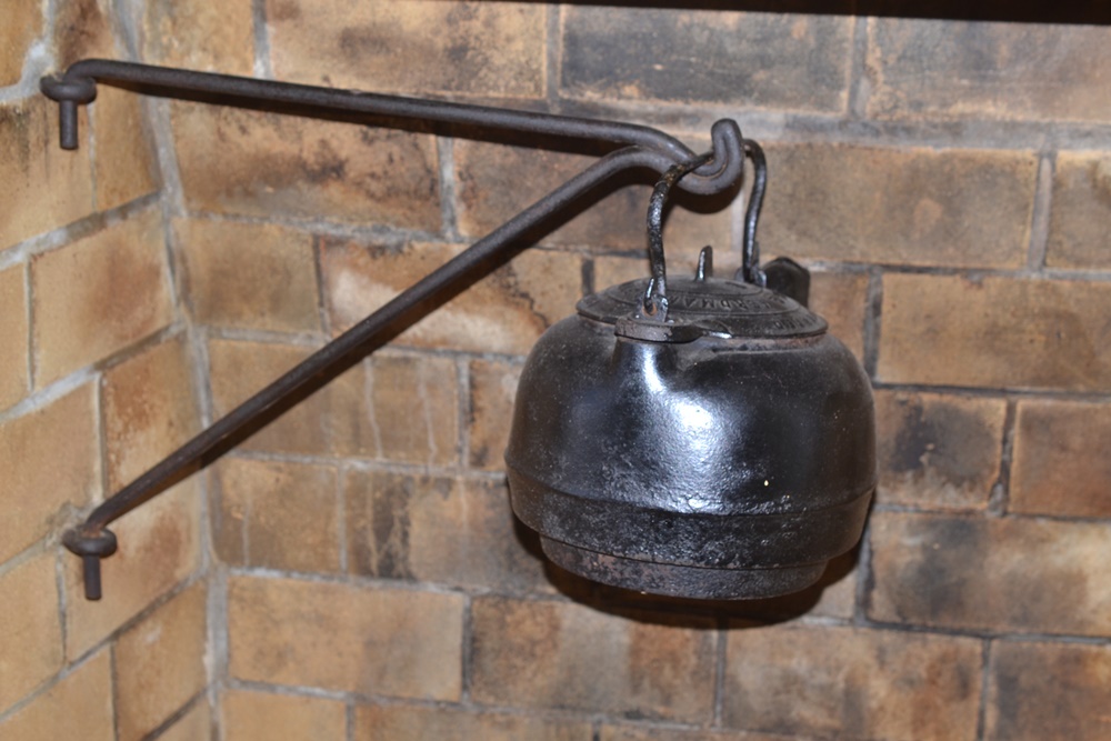 Antique Cast Iron Hearth Crane, Kettle and Andirons