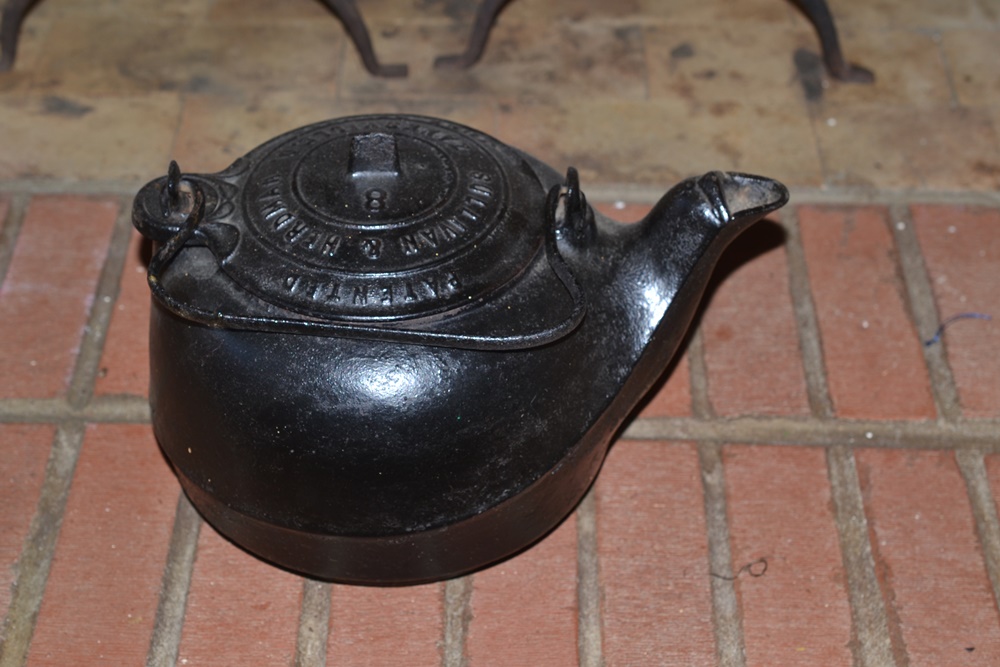 Antique Cast Iron Hearth Crane, Kettle and Andirons