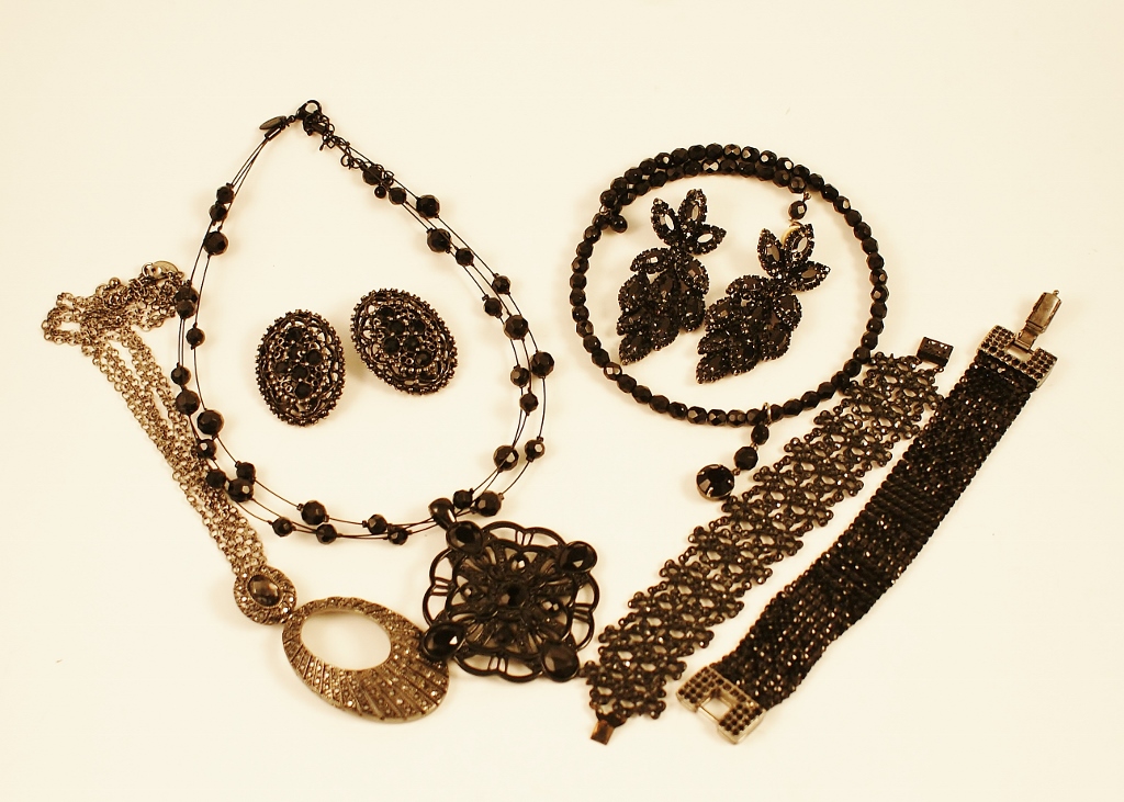 Nine-Piece Group of Black Rhinestone Jewelry