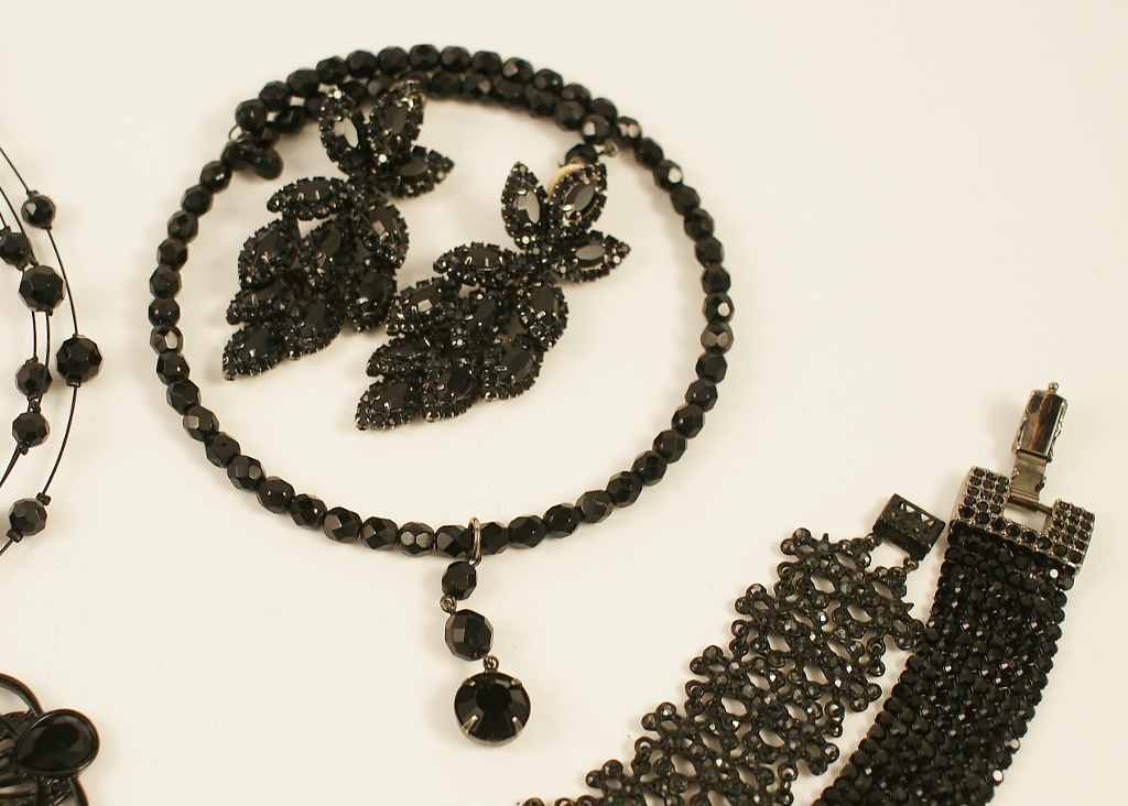 Nine-Piece Group of Black Rhinestone Jewelry