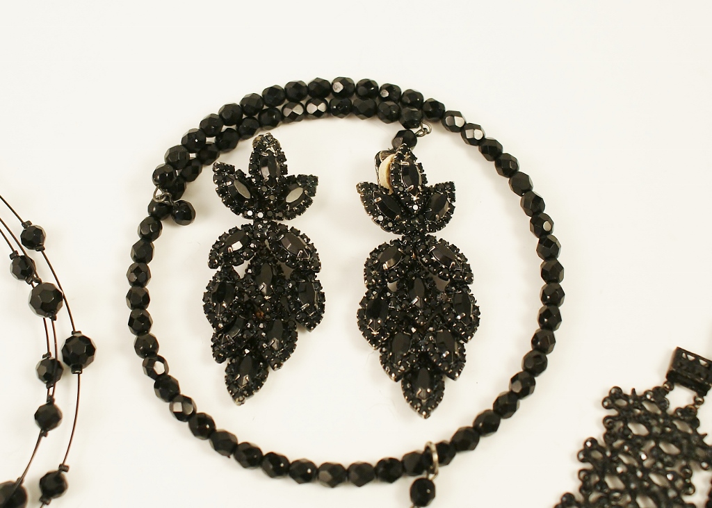 Nine-Piece Group of Black Rhinestone Jewelry