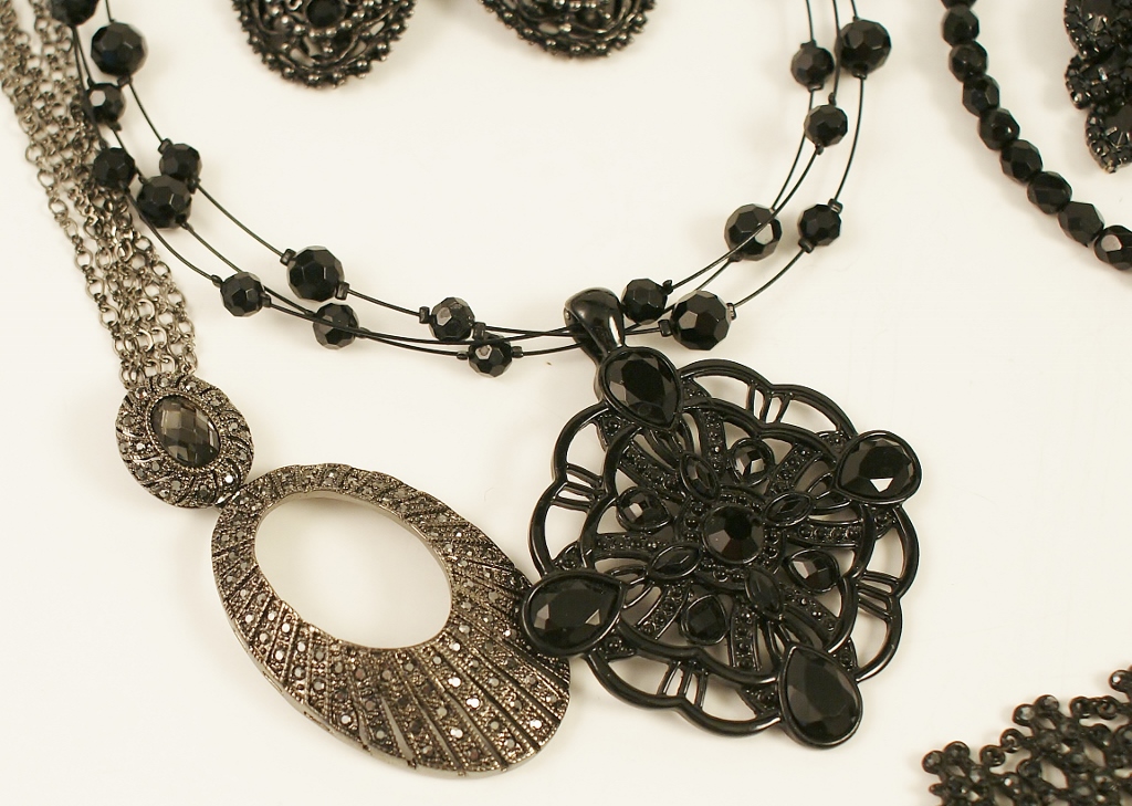 Nine-Piece Group of Black Rhinestone Jewelry