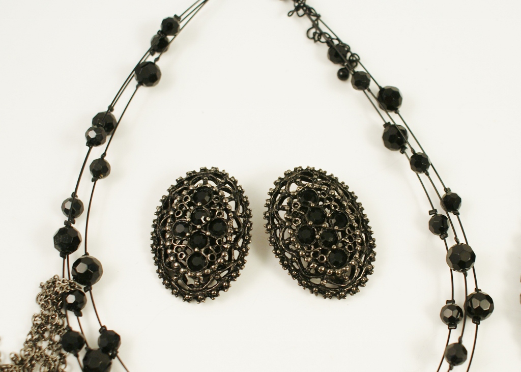 Nine-Piece Group of Black Rhinestone Jewelry