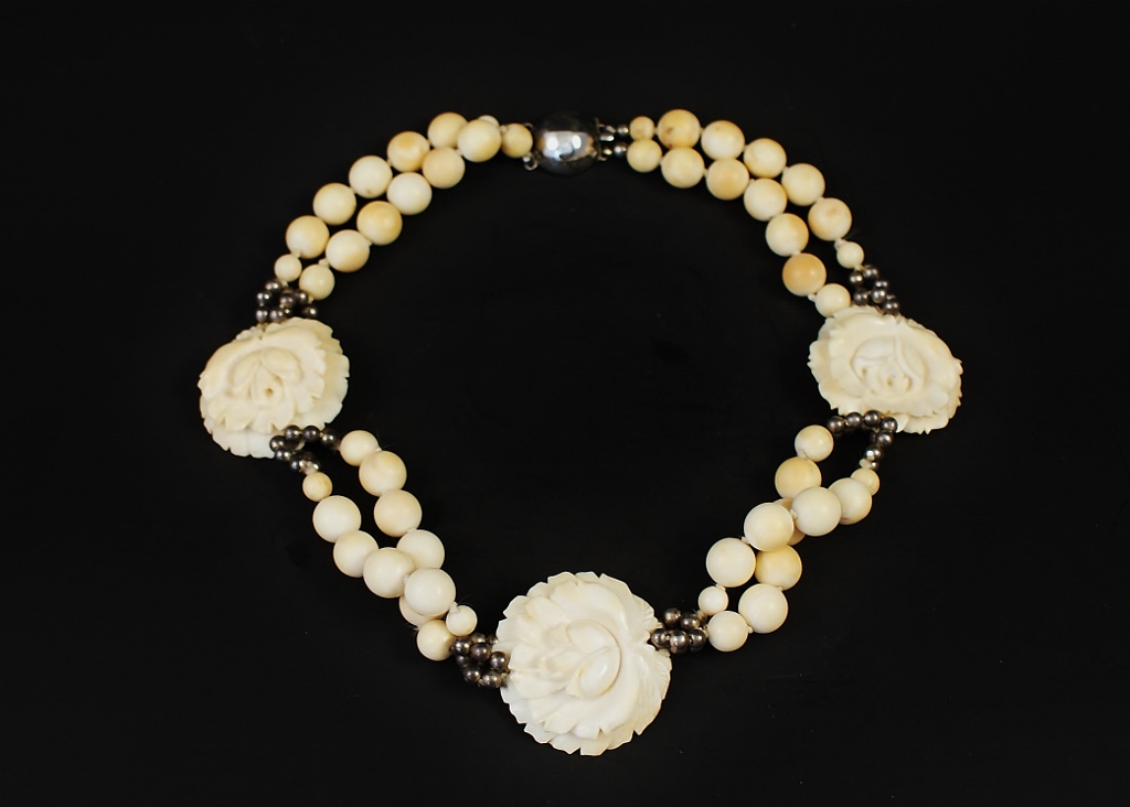 Vintage Sterling and Carved Bone Necklace
