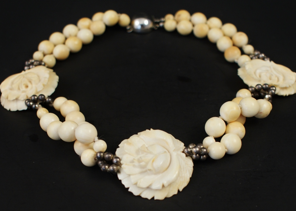 Vintage Sterling and Carved Bone Necklace