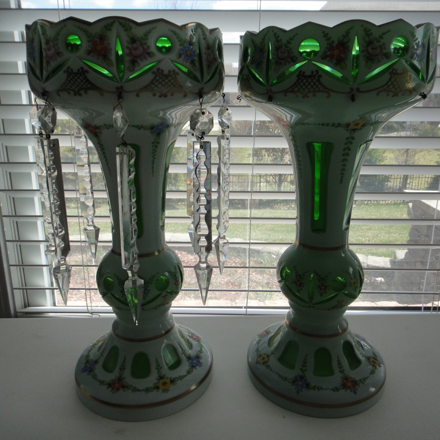 Pair of Vintage Bohemian Moser Style Glass Mantel Lusters