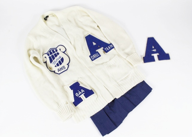 1968 Amelia High School Varsity Sweater, Pins amd Skirt