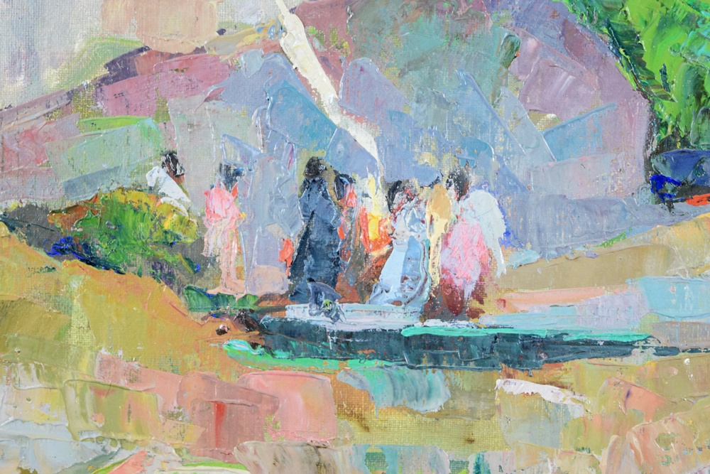 "The Campfire" Original Oil Painting by Irma Koen, 20th Century