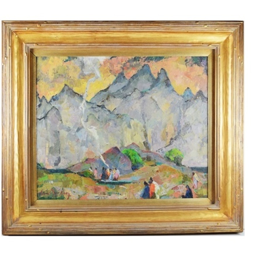 "The Campfire" Original Oil Painting by Irma Koen, 20th Century