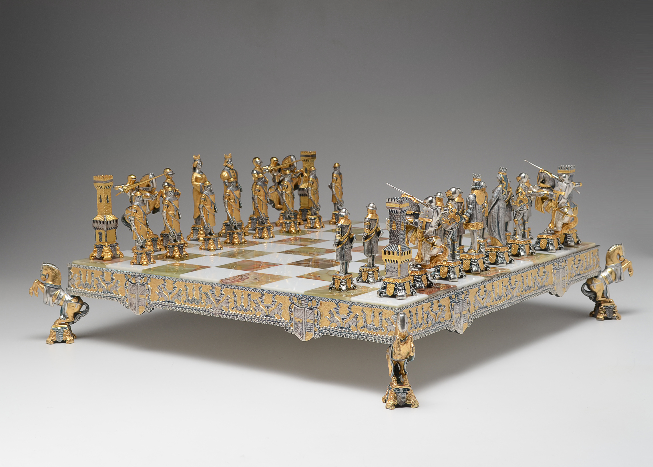 Piero Benzoni Medieval 24K Gold and Silver Plate Chess Set