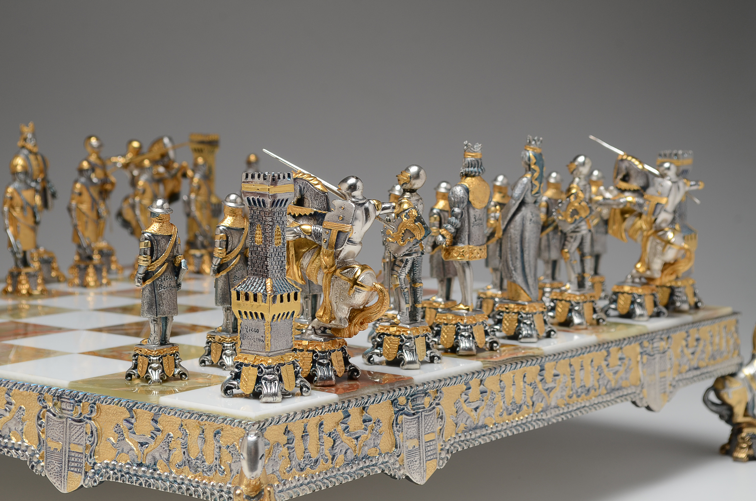 Piero Benzoni Medieval 24K Gold and Silver Plate Chess Set