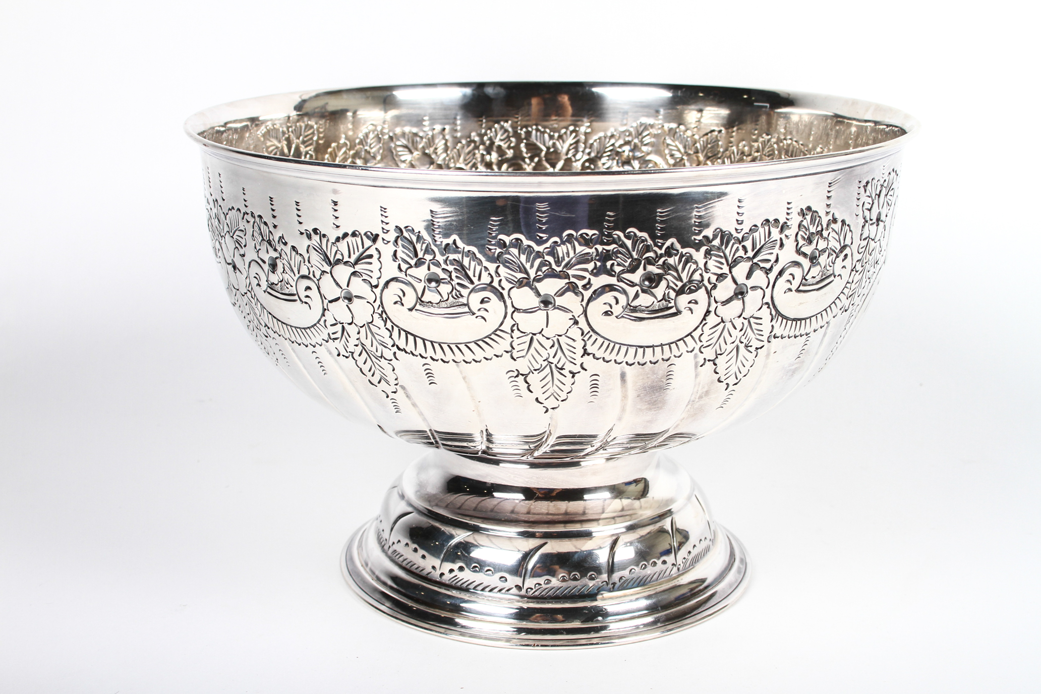 Hand Chased Silver Plate Sheffield Punch Bowl